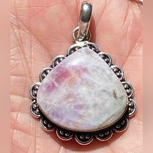 Handmade Fiery Pink Moonstone 925 Sterling Silver Necklace Pendant